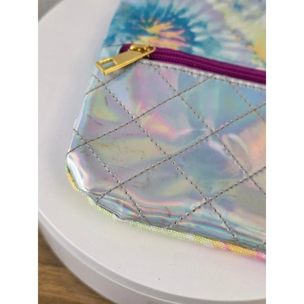 More Than Magic Tie Dye Holographic Quilted Cosmetic Bag Pouch Silver Multicolor